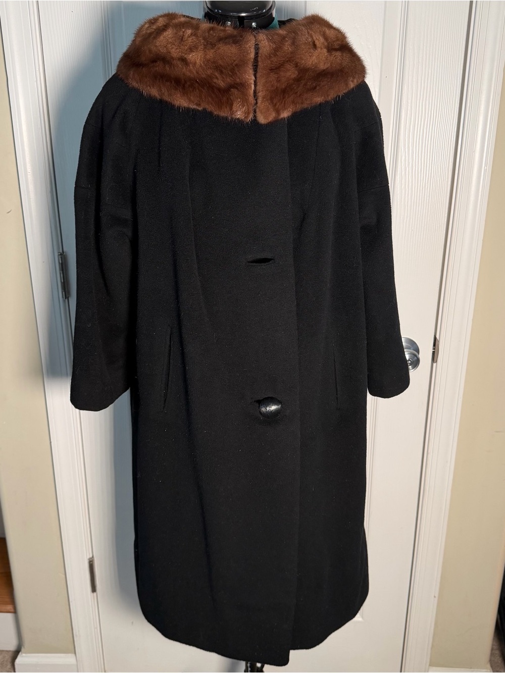 Vintage 50s Black Wool Dress Coat Real Fur Collar ILGWU Union Label Made in USA